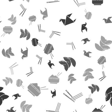 Origami kuşu, Asya eriştesi ve yemek çubuğu, Çin fal kurabiyesi ve pilavı kusursuz desenli bir kaseye koyun. Vektör.