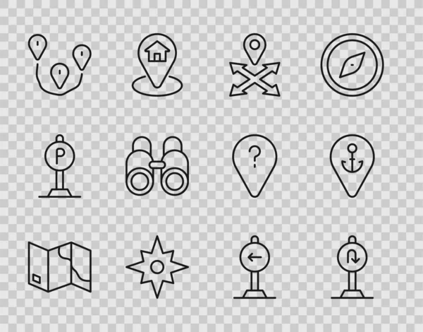Set Line Plattegrond Gevouwen Draai Terug Verkeersbord Locatie Windroos Routelocatie — Stockvector
