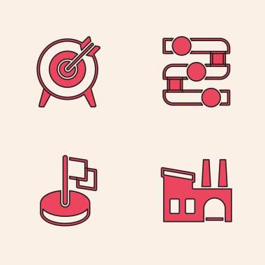 Fabrika, Hedef, Grafik, Grafik, Diyagram ve Bayrak simgesini ayarla. Vektör