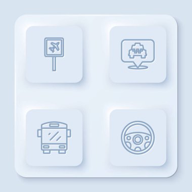 Havaalanı, taksi, otobüs ve direksiyonlu konum. Beyaz kare düğme. Vektör