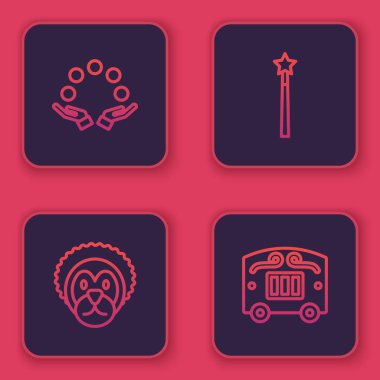 Sıralı top, vahşi aslan, sihirli değnek ve sirk arabası. Mavi kare düğme. Vektör