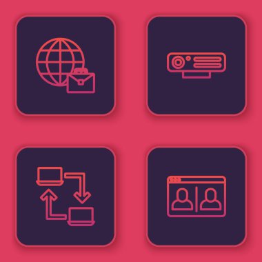 Çevrimiçi çalışma, web kamerası ve görüntülü sohbet konferansı ayarla. Mavi kare düğme. Vektör