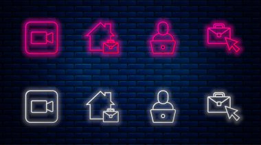 Çevrimiçi hat çalışıyor, Freelancer, Camera ve. Tuğla duvarda parlayan neon simgesi. Vektör
