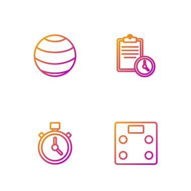 Sıra halinde banyo terazileri, sttopwatch, fitness topu ve spor eğitim programı. Renk simgeleri. Vektör