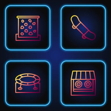 Atış poligonu, trambolin atlama, tırmanma duvarı ve kaykay numarası. Renk simgeleri. Vektör