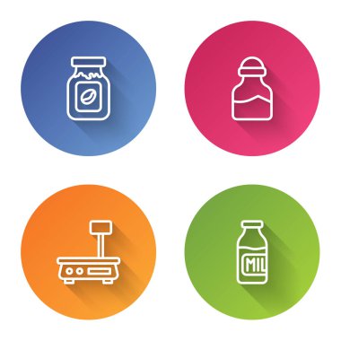 Sabit hat kahve kavanozu şişesi, baharat tenekesi, elektronik pullar ve sütle şişe. Renkli daire düğmesi. Vektör