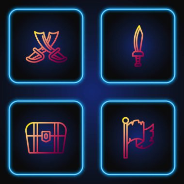 Korsan bayrağı, antika hazine sandığı çapraz korsan kılıcı ve... Renk simgeleri. Vektör