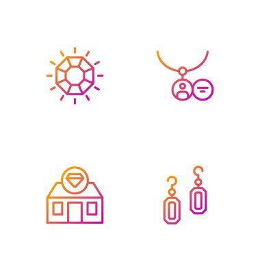 Küpeler, kuyumcu, elmas ve madalyon kolye. Renk simgeleri. Vektör