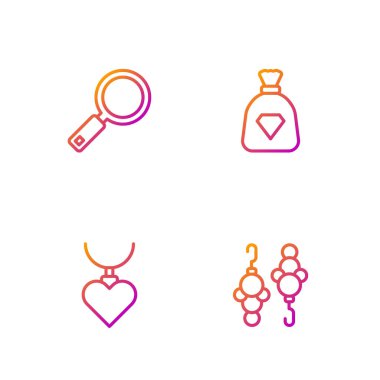 Çizgili küpeler, kalp şeklinde kolye, büyüteç ve çanta taşları. Renk simgeleri. Vektör