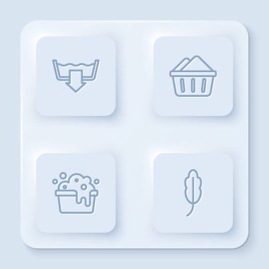 Halat yıkama modu, sabun köpüklü leğen ve tüy. Beyaz kare düğme. Vektör