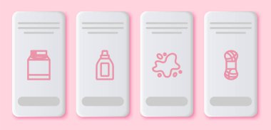 Çamaşır makinesi, temizlik malzemesi şişesi, su dökülmesi ve iplik. Beyaz dikdörtgen düğme. Vektör