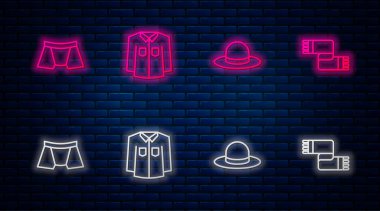 Çizgili gömlek, erkek şapkası, erkek iç çamaşırı ve kış atkısı. Tuğla duvarda parlayan neon simgesi. Vektör