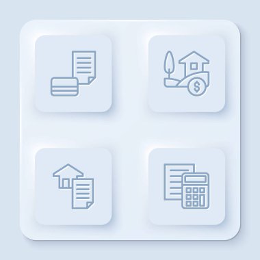 Sınırlı kredi kartı, dolarlı ev, kontrat ve hesap makinesi. Beyaz kare düğme. Vektör