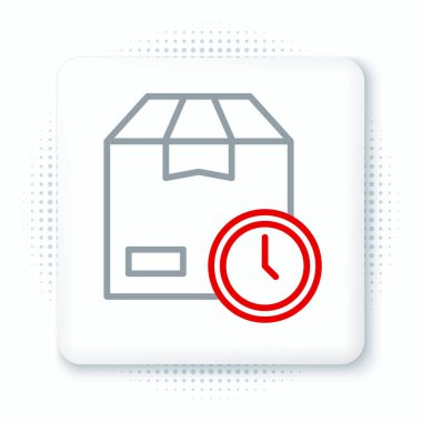 Çizgi karton kutu ve hızlı dağıtım simgesi beyaz arka planda izole edildi. Kutu, paket, paket işareti. Teslimat ve ambalaj. Renkli taslak konsepti. Vektör