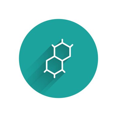 Beyaz Kimyasal formül ikonu uzun gölgeli izole edilmiş. Yenilikçi tıp, sağlık, araştırma ve bilim için soyut altıgen. Yeşil daire düğmesi. Vektör.