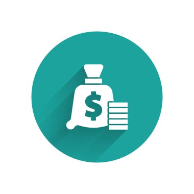 Beyaz Para çantası simgesi uzun gölgeli izole edilmiş. Dolar ya da USD sembolü. Nakit bankacılık tabelası. Yeşil daire düğmesi. Vektör.