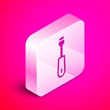 Pembe arka planda izole edilmiş Isometric tornavida simgesi. Servis aracı sembolü. Gümüş kare düğme. Vektör.
