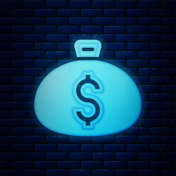 Zářící Neon Peníze Taška Ikona Izolované Cihlové Zdi Pozadí Symbol — Stockový vektor