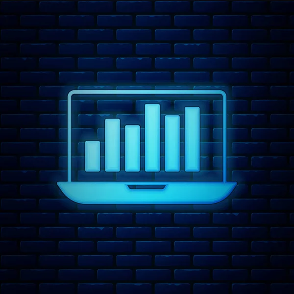 Świecący Neon Laptop Ikoną Wykresu Odizolowany Tle Ściany Cegły Zgłoś — Wektor stockowy
