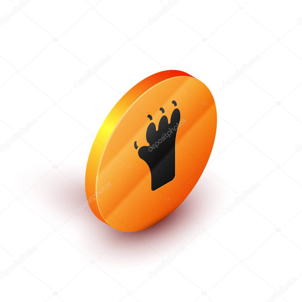Isometric Paw print icon isolated on white background. Dog or cat paw print. Animal track. Orange circle button. Vector.