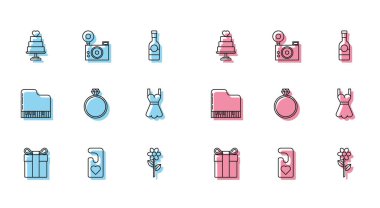 Hediye paketi, lütfen kalp, düğün pastası, çiçek, elmas nişan yüzüğü, kadın elbisesi, Grand piano ve fotoğraf makinesi ikonu ile rahatsız etmeyin. Vektör
