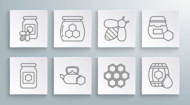 Bir kavanoz bal, çaydanlık, bal peteği, ahşap fıçı, arı ve arı ikonu. Vektör