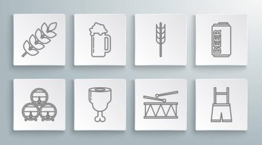 Sıraya dizilmiş tahta fıçıyı rafa koyun; durdurulmuş tavuk budu, müzik aleti davul ve bagetler, Lederhosen, mısır, yulaf, çavdar, arpa, bira kutusu ve ikon. Vektör