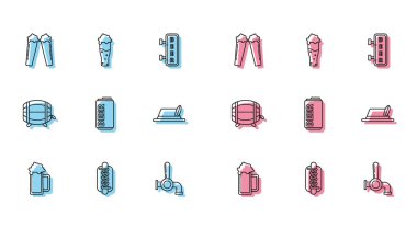 Bardak bira, hardallı Hotdog sandviçi, bira musluğu, kutu, Oktoberfest şapkası, tahta fıçı ve ikon. Vektör