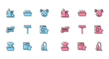 Sabun köpüklü plastik leğen, çamaşır makinesi ve tişört, sıvı bulaşık deterjanı şişeleri, elektrikli süpürge, silecek, köpük ve simge çubuğu. Vektör