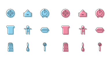 Set hattı Grater, Kitchen çırpıcısı, Kraker bisküvisi, Süzgeç kaşığı, Bayram zencefilli kurabiye, Macaron, ekmek tostu ve önlük ikonu. Vektör