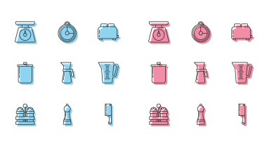 Tuz ve biber, biber, terazi, et kesicisi, ölçü kabı, pişirme kabı ve mutfak zamanlayıcısı ikonu. Vektör