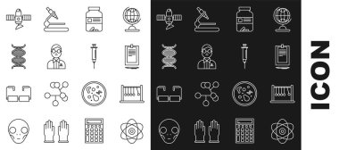 Atom, sarkacı, dokümanlı pano, ilaç şişesi ve haplar, bilim adamı, DNA sembolü, uydu ve şırınga ikonu. Vektör