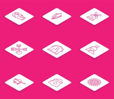 Peynir, mısır, yel değirmeni, kürek ve tırmık, çiftlik evi konsepti, un çuvalı, çamurlu ve ikonlu el arabası. Vektör