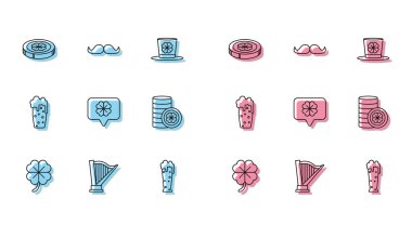 Dört yapraklı yonca, Harp, dört altın sikke, bir bardak bira, konuşma balonu ve bıyık ikonu. Vektör