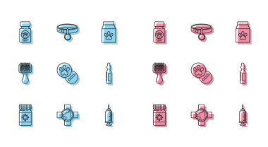 Köpek ilacı şişesi ve haplar, veteriner kliniği sembolü, evcil hayvan aşısı şırıngası, evcil hayvan ilacı, köpek kedisi için saç fırçası ve yaka etiketi ikonu. Vektör