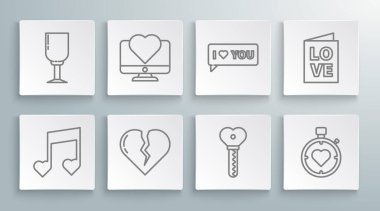 Müzik notası, kalp tonu, bilgisayar monitörü, kırık boşanma, anahtar şekli, kalp merkezi kronometre, konuşma balonu seni seviyorum, Sevgililer Günü partisi broşürü ve şarap bardağı ikonu. Vektör