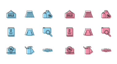 Satır Percent indirimi ve dizüstü bilgisayar, boş etiket fiyat etiketi, Sale, Deri kemer, Etek, Arama tarayıcı penceresi, Kağıt kontrolü mali kontrol ve simgeyle asılma işareti ayarlayın. Vektör