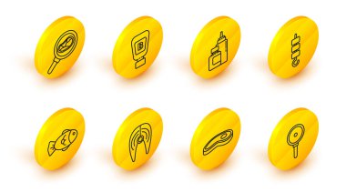 Kızartma tavası, biftek, balık bifteği, şiş şiş kebap, sos şişesi ve kızartma ikonu. Vektör