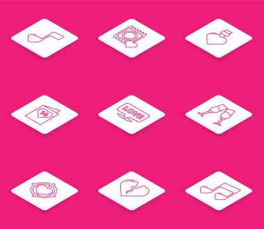 Set notası, paket kondom, şişe aşk iksiri, sevgililer günü broşürü, konuşma balonu metni, şampanya kadehi, kalp hedef dartı ve kırık ya da boşanma ikonu. Vektör