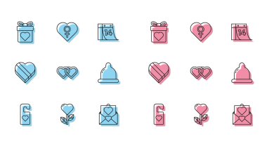 Lütfen kalple, çiçek şeklinde kalp, hediye kutusu, sevgililer günü zarfı, birbirine bağlı iki kalp, prezervatif, şeker şeklinde ve kadın cinsiyet ikonu ile rahatsız etmeyin. Vektör