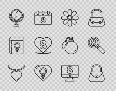 Kalp şeklindeki kolye, el çantası, çiçek, kadın cinsiyeti, yuvarlak makyaj aynası, kalp 8 Mart, monitör ve arama ikonu. Vektör