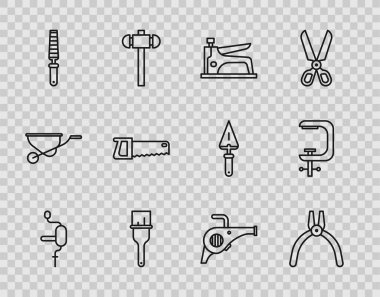 El matkabını, pense aletini, tel zımbayı, boya fırçasını, odun keskisini, testereyi, Yaprak bahçe üfleyicisini ve klemp vida ikonunu ayarla. Vektör