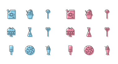 Dondurma, kurabiye ya da bisküvi, şeker paketleri, milkshake, lolipop, pasta ve kase ikonu. Vektör