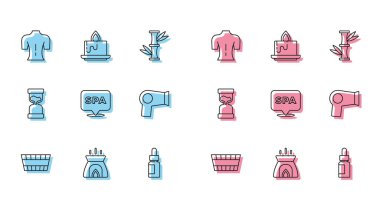 Sauna kovası, Aroma mumu, masaj, temel yağ şişesi, kaplıca salonu, saç kurutma makinesi, eski kum saati ve ikon. Vektör