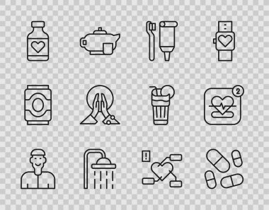 Pozitif düşünme, vitamin hapı, diş fırçası ve diş macunu, duş başlığı, meditasyon, kalp sağlığı ve seyyar sağlık sigortası. Vektör