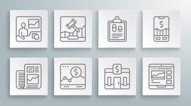 Set line Business finansı raporu, İnternet açık artırması, büyüme grafiği, banka binası, ticaret kursları, mobil hisse senedi ticareti ve simgesi olan web sitesi. Vektör