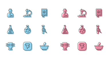 Gaz maskesi, huni veya filtre, laboratuvar asistanı, havan topu ve tokmak, test tüpü şişesi, ateşe ve mikroskop simgesine ayarlayın. Vektör