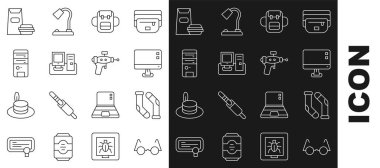 Gözlük, çorap, bilgisayar monitörü, okul çantası, klavyeli monitör, Burger ve Ray silah ikonu. Vektör