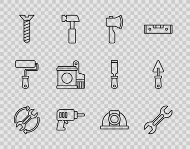 Halat kırbacı ve okları iş akışı, anahtar, tahta balta, elektrikli matkap, metal vida, boya kovası fırçası, işçi kaskı ve Trowel simgesi olarak ayarla. Vektör