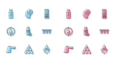 Hattı kurun. Musluk, damla, bir şişe su, temiz su, filtre ve ikonu geri dönüştür. Vektör